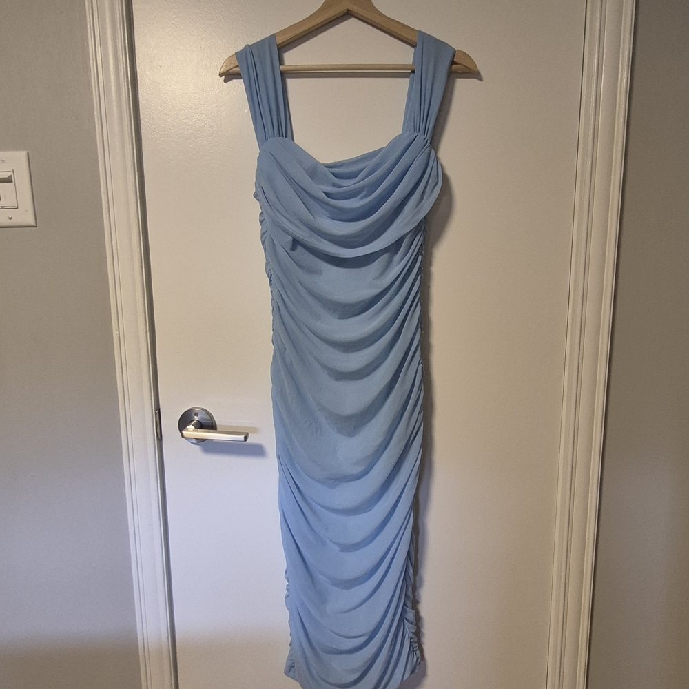 Chic Sky Blue Draped Midi Dress
